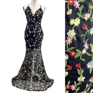 HTF Lulus Black Floral Embroidered Maxi Dress Open Back M Prom